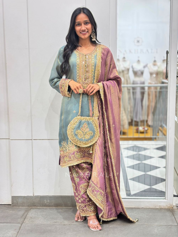 Image of Zyris Grey Zari Tissue Suit Set with Sequin Workrk