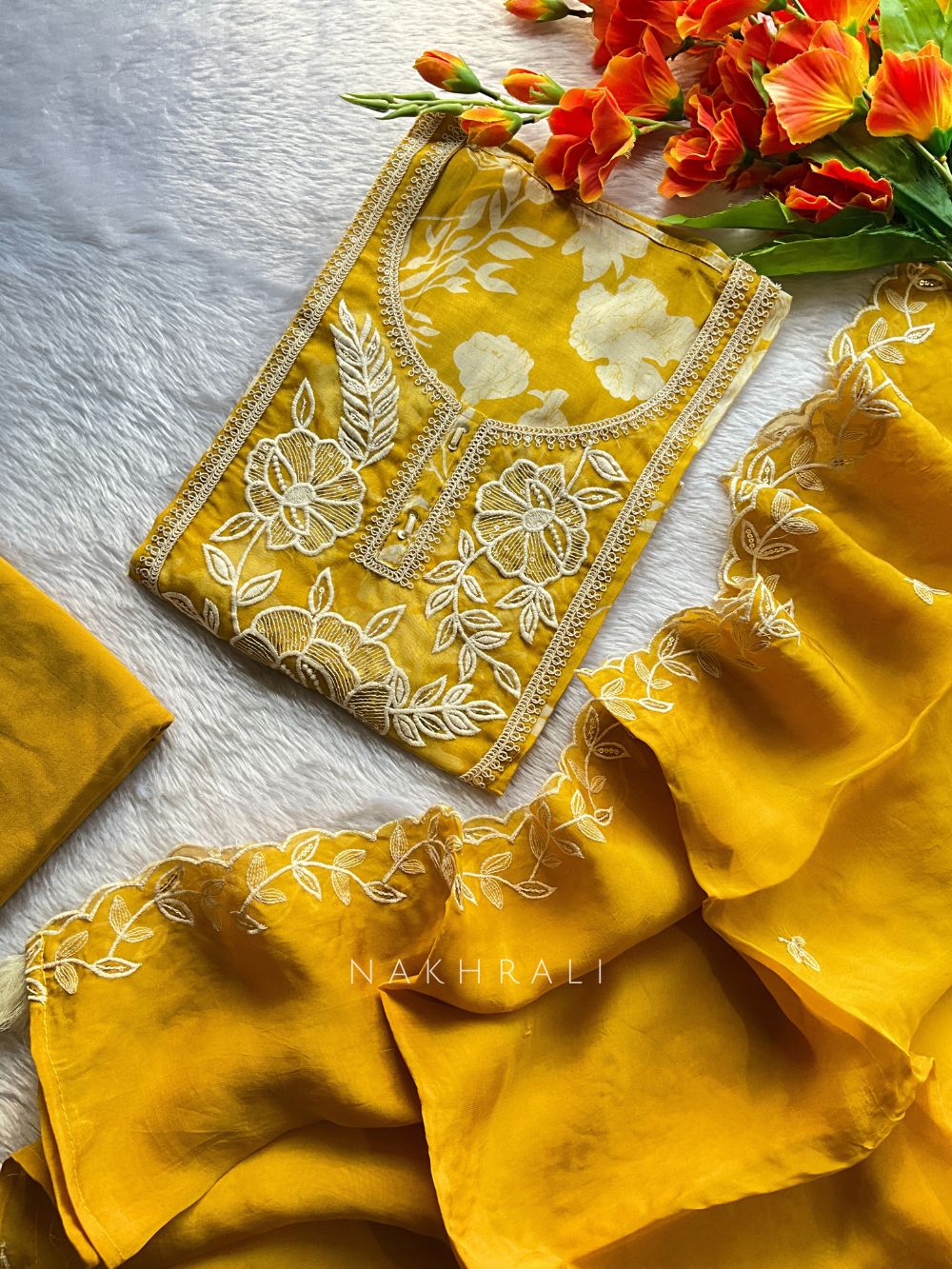 Whimsy Weave Yellow Cotton Dress Material with Thread Work Whimsy Weave Yellow Cotton Dress Material with Thread Work