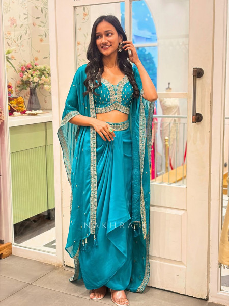 Ruvica Blue Indo Western Draped Set with Embroidery Work