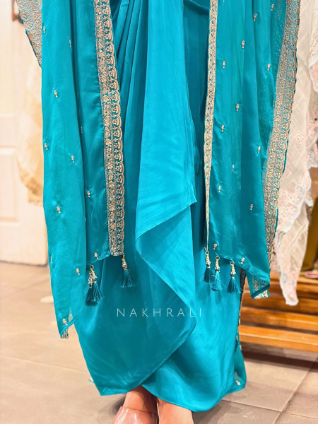 Ruvica Blue Indo Western Draped Set with Embroidery Work