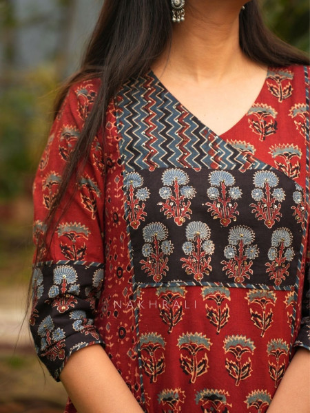 Rozana Red Cotton Kurta with Patch Work