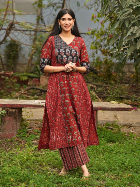 Rozana Red Cotton Kurta with Patch Work