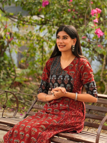 Rozana Red Cotton Kurta with Patch Work