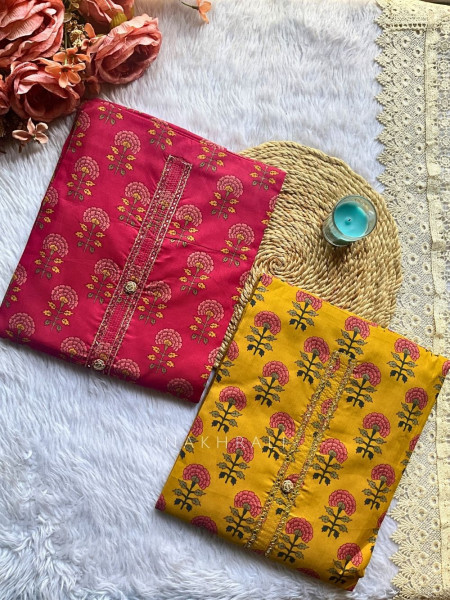 Bela Mustard Cotton Printed Dress Material