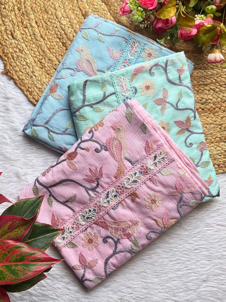Floral Breeze Pink Kota Dress Material with Embroidery