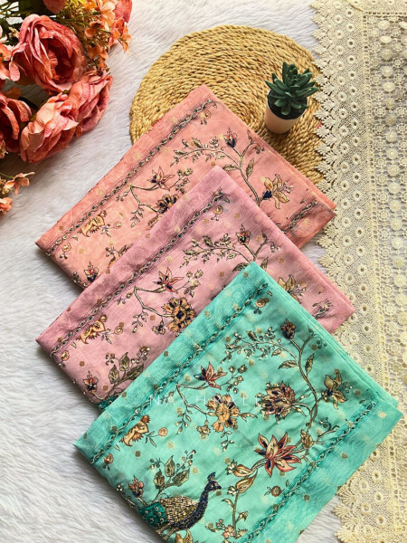 Vihara Fiozi Floral Printed Dress Material with Zari Thread Work