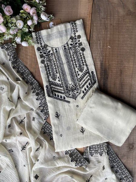 Noir Garden Pista Green Embroidered Dress Material Set