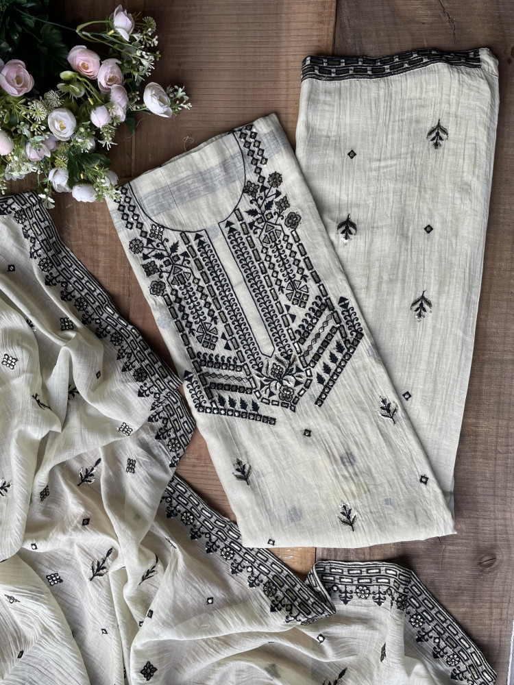 Image of Noir Garden Pista Green Embroidered Dress Material Set