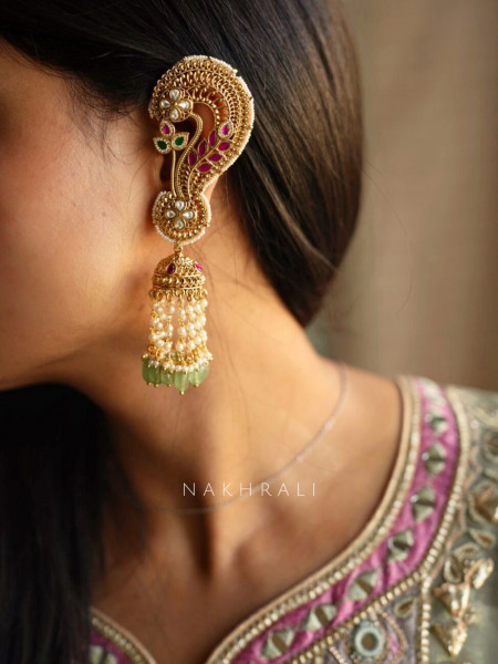 Karnphool Green Stone Golden Ear-Cuff Jhumkas