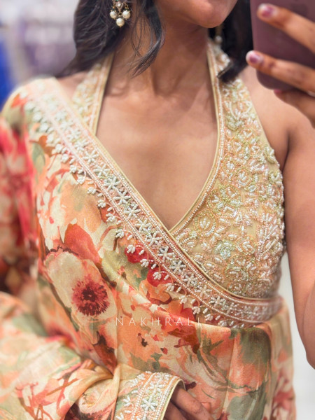 Florence Bloom Orange Floral Saree with Readymade Halter Neck Blouse
