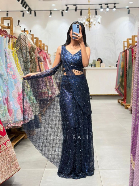 Elira Blue Sequin Drape Saree