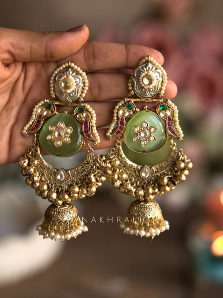 Elara Sage Green Stone Temple Jhumka Earrings
