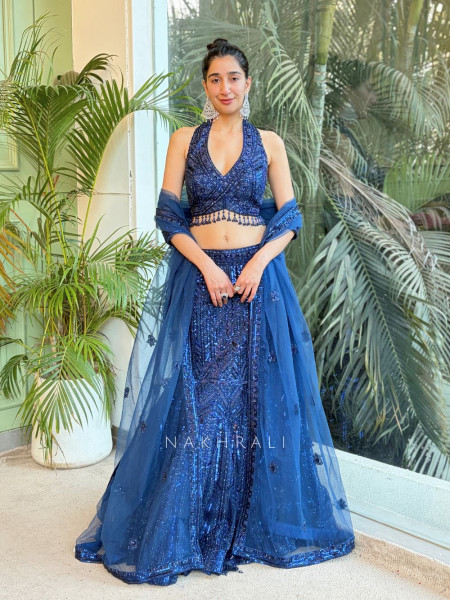 Nyra Blue Sequin Net Indowestern Lehenga Set