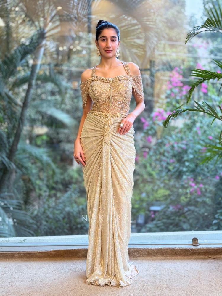 Image of Neferta Beige Sequins Drape Gown