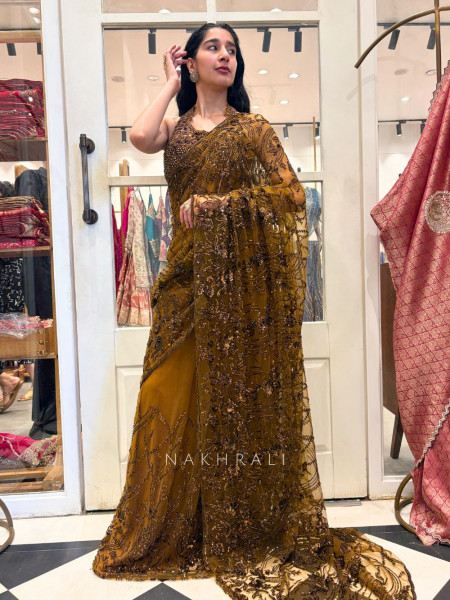 Amber Gleam Net Drape Saree with Sequin and Cut Dana Work