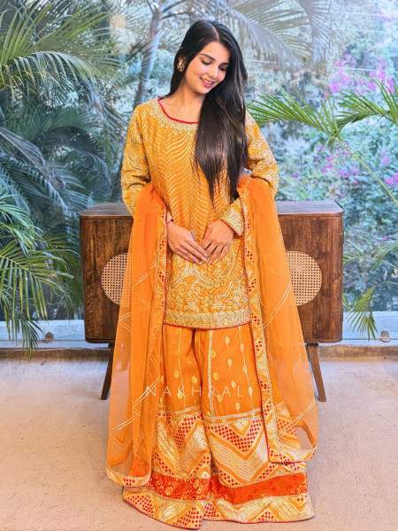Orange Palazzo Suit Set with Zari Zardosi Work
