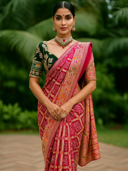 GlamourGrove Red Bandhani Saree