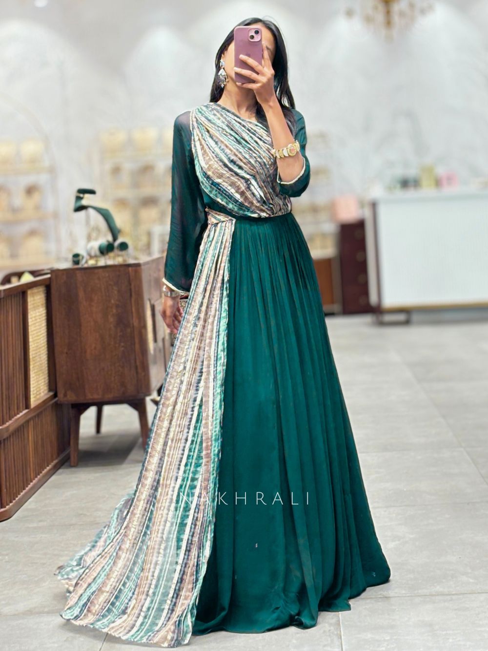 Teal Green Long Dress with Striped Drape Detail Teal Green Long Dress with Striped Drape Detail