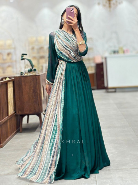 Teal Green Long Dress with Striped Drape Detail