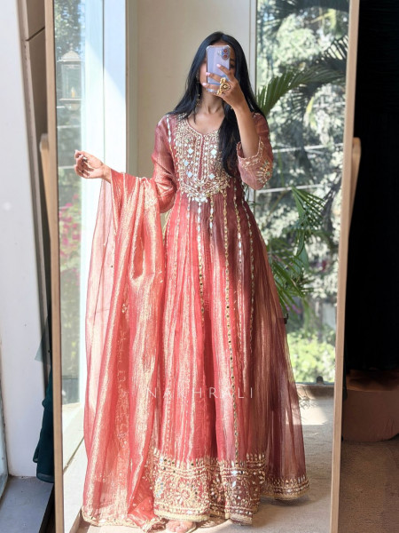 Evara Brown Tissue Anarkali Suit Set with Mirror and Gota Work