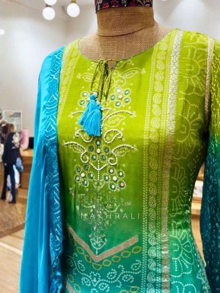 Navera Blue-Green Bandhani Suit Set with Bead Work