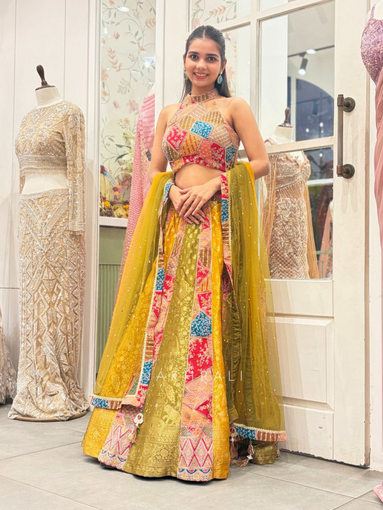Image of Rangama Multicolour Patchwork Lehenga Set with Halter Blouse