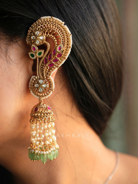 Karnphool Green Stone Golden Ear-Cuff Jhumkas