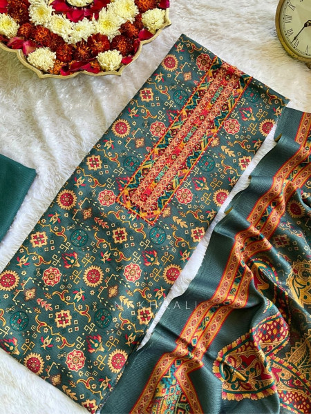 Heritage Blue Woolen Printed Dress Material