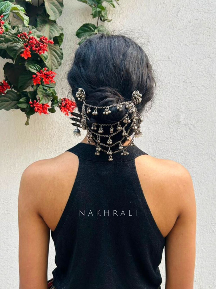 Image of Zayana Oxidised Silver Layered Hair Chain