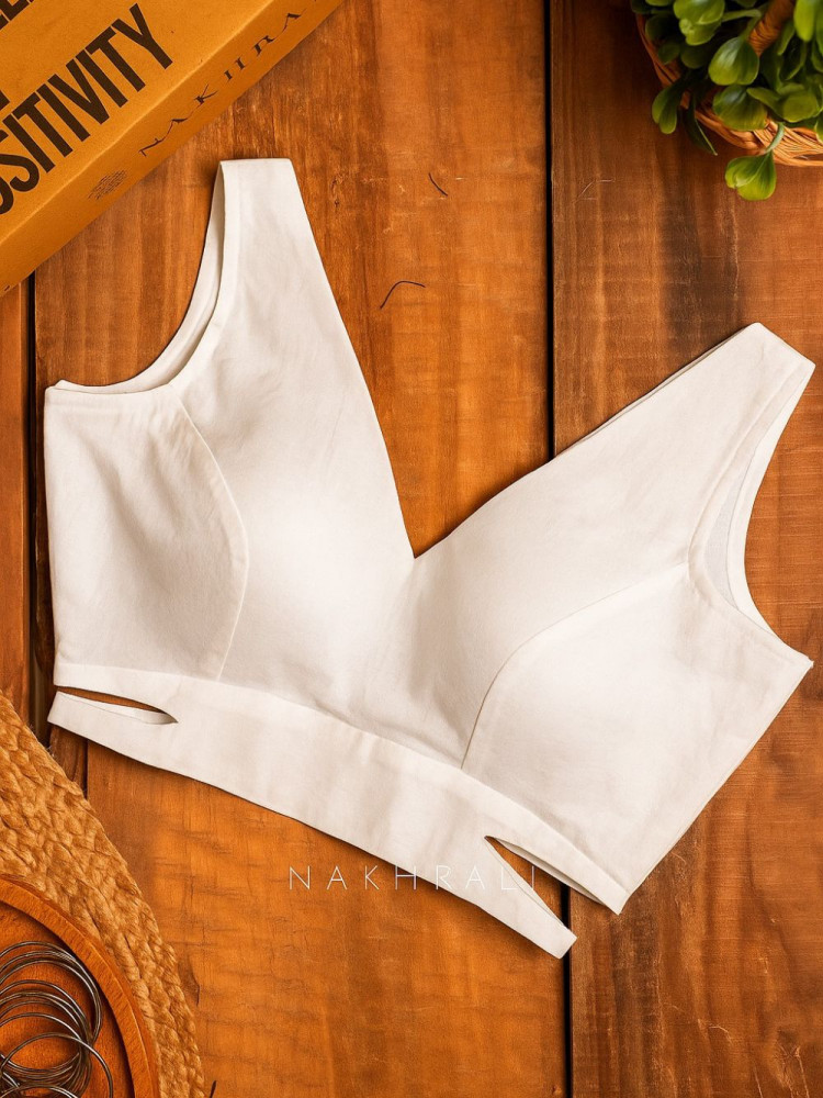 Image of Bombshell White Readymade Blouse with V-Neckline