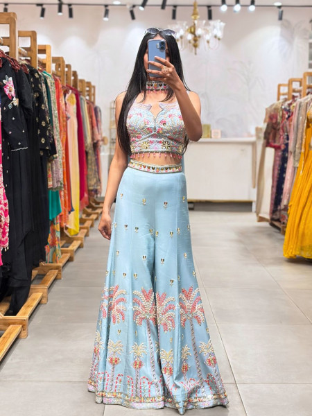 Brynna Blue Crop Top Palazzo Set with Sequin and Bead Work