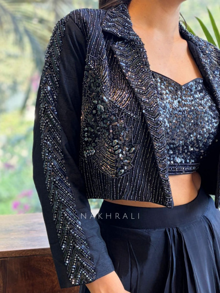 Noorvira Blue Embellished Crop Top Skirt Set with Jacket