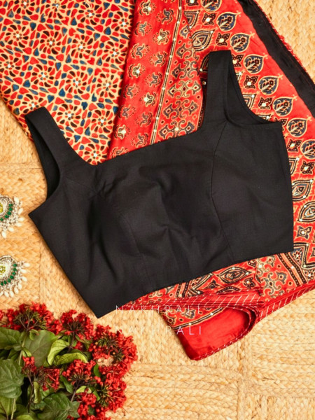 Mastani Black Cotton Blouse with Square Neck on Both Sides