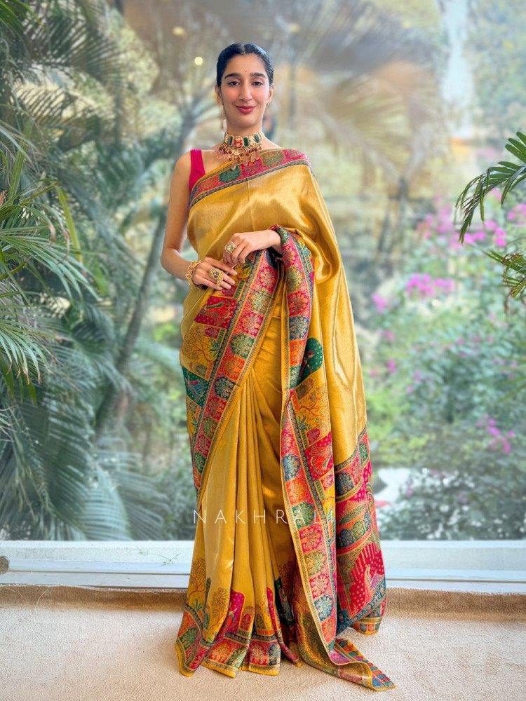 Image of Aarunika Mustard Banarasi Silk Saree with Heritage Weave Work
