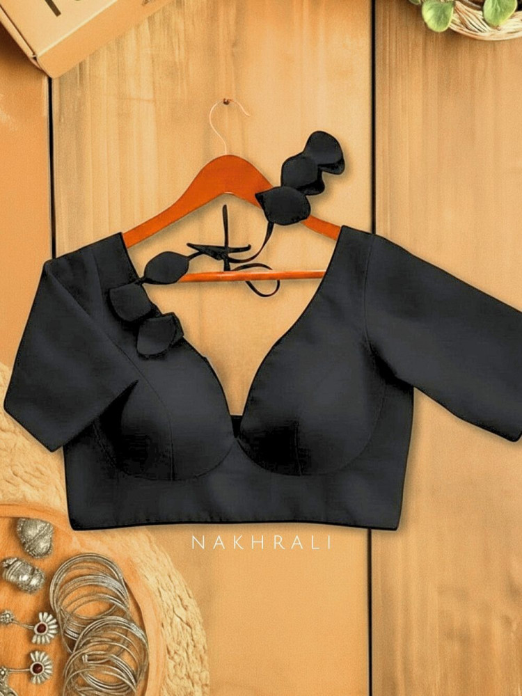 Image of Chandani Black Cotton Blouse with Petal Tie-Back Detail