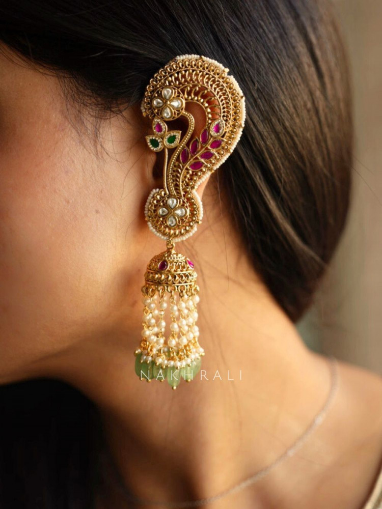 Image of Karnphool Green Stone Golden Ear-Cuff Jhumkas