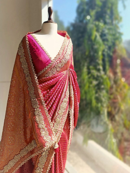 Suhagan Red Brocade Silk Saree with Zari and Sequin Work