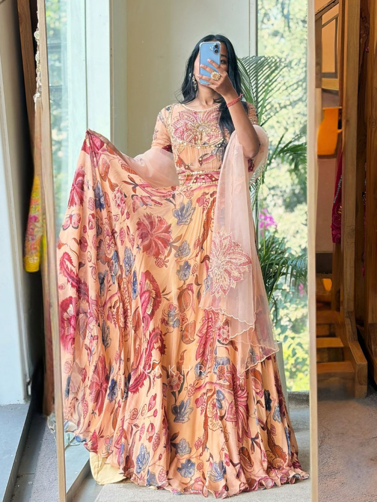 Image of Briona Peach Anarkali with Hand Embroidery