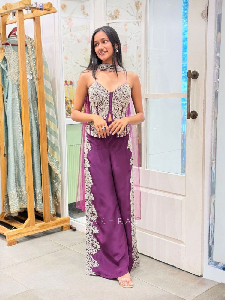 Image of Averra Wine Embroidered Indo-Western Co-ord Set