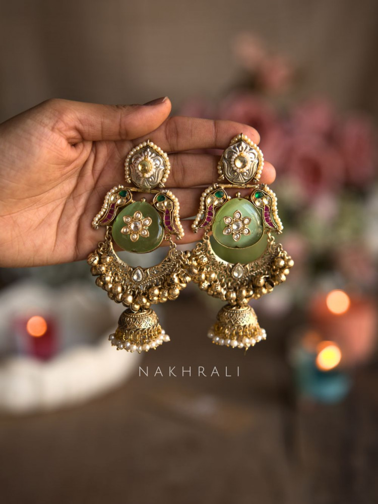 Image of Elara Sage Green Stone Temple Jhumka Earrings