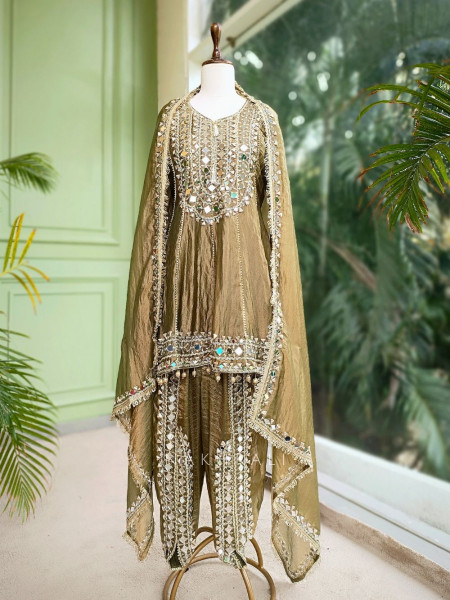 Amaya Olive Green Tissue Dhoti Kurta Set with Mirror and Gota Patti Work