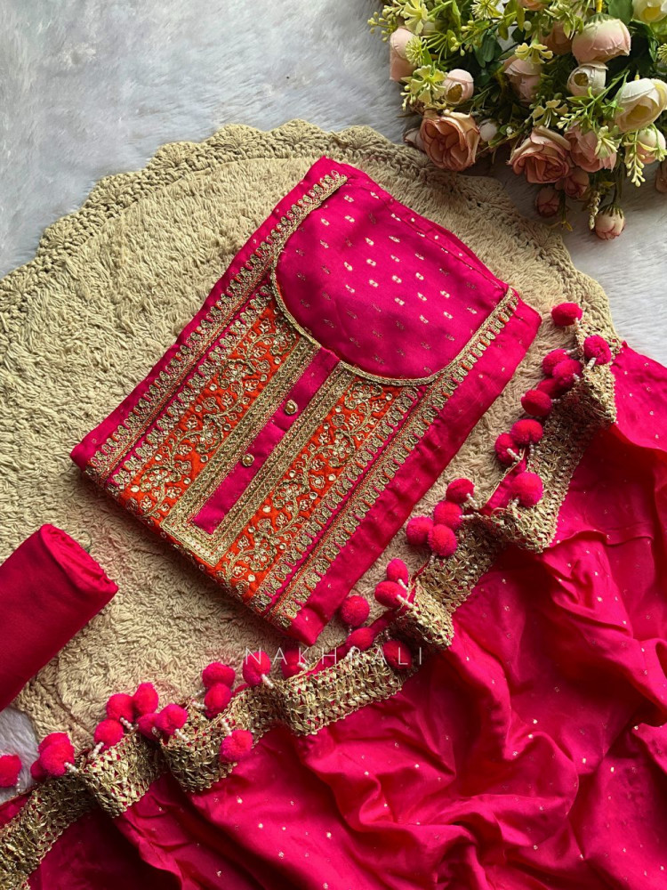 Image of Ruhani Magenta Embroidered Dress Material Set