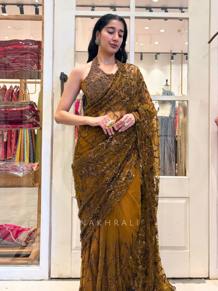 Amber Gleam Net Drape Saree with Sequin and Cut Dana Work