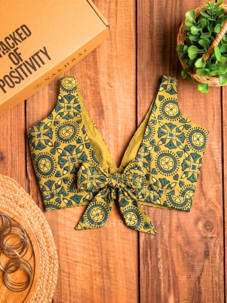 Rupansh Mustard Printed Blouse with Back Bow