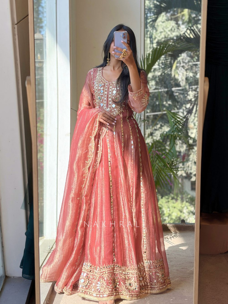 Image of Evara Brown Tissue Anarkali Suit Set with Mirror and Gota Work