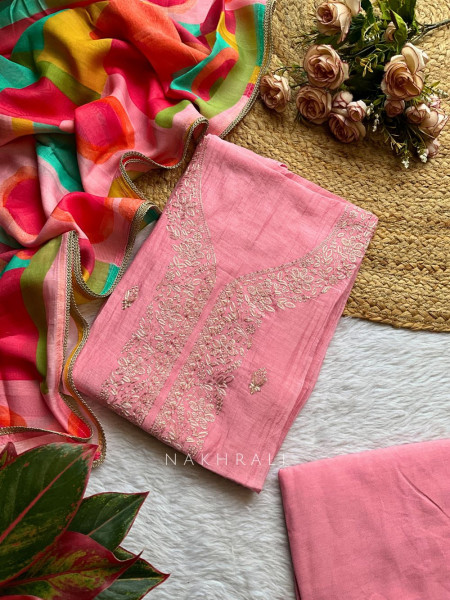 Roseate Glow Pink Cotton Dress Material with Embroidery