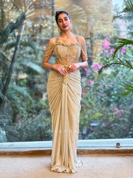 Neferta Beige Sequins Drape Gown