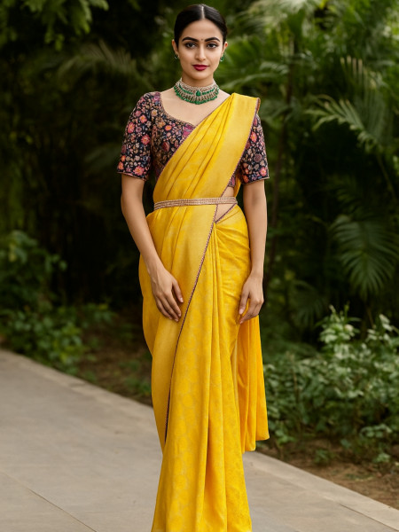 Swarna Raga Yellow Silk Saree with Purple Embroidered Readymade Blouse