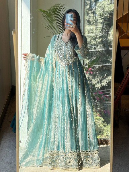 Evara Teal Blue Tissue Anarkali Suit Set with Mirror and Gota Work