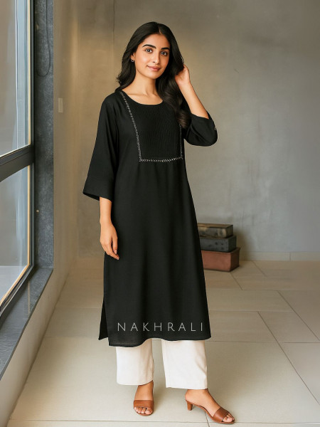 Naira Black Cotton Kurta with Pleated Neck and Embroidery